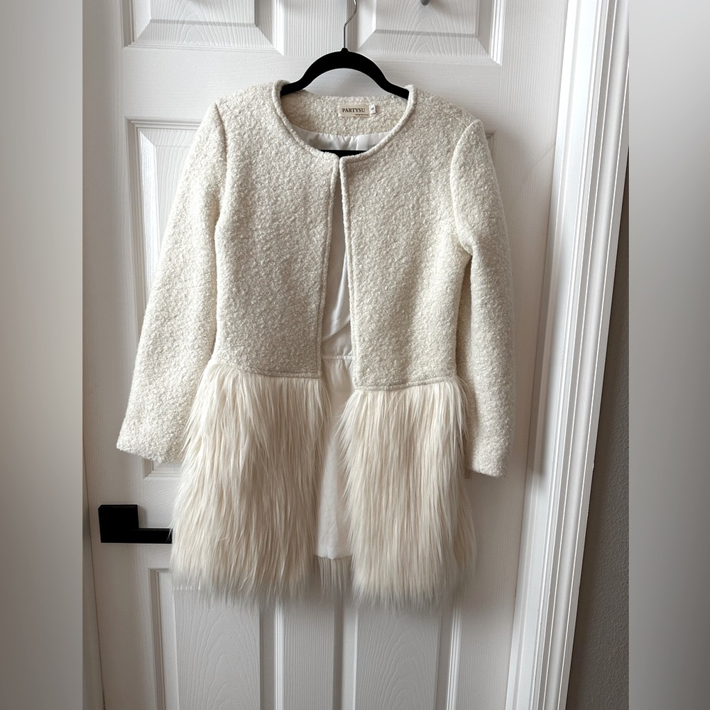 Faux fur mid coat with boucle tweed.